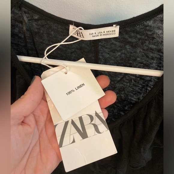 NWT ZARA WOMEN’S BLACK LINEN SHIRT W RUFFLE V NECK SZ S - Picture 2 of 3
